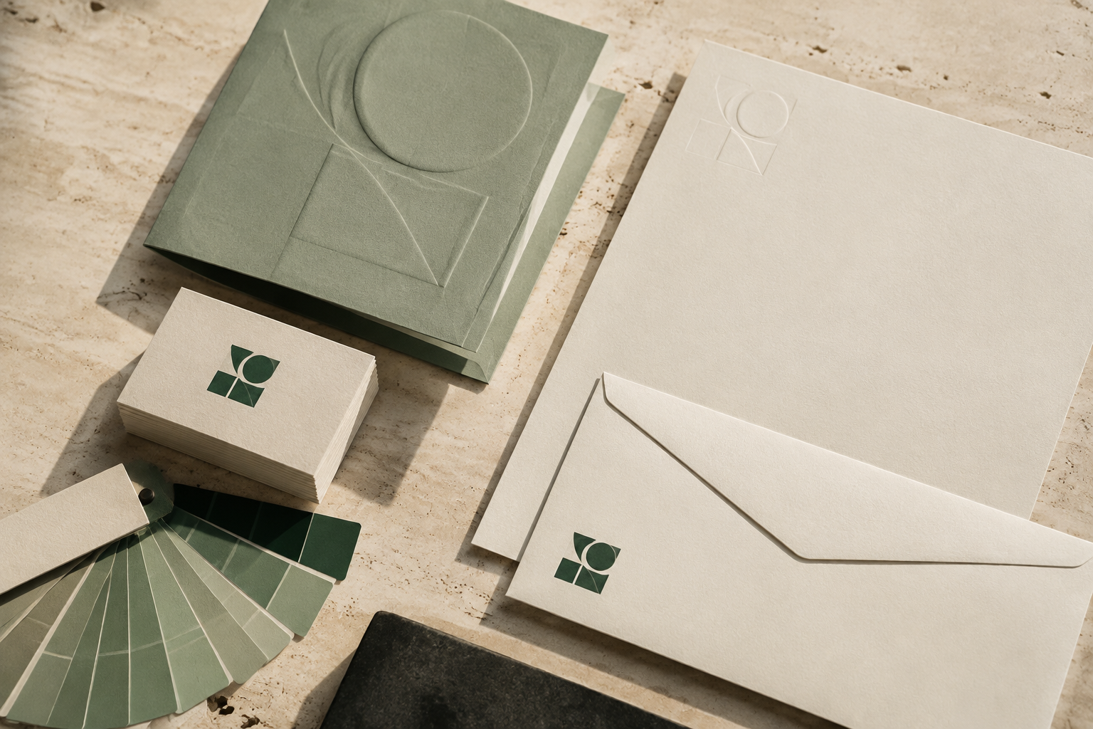 Sfeerbeeld van een huisstijl met visitekaartjes, briefpapier, enveloppen en een brochure