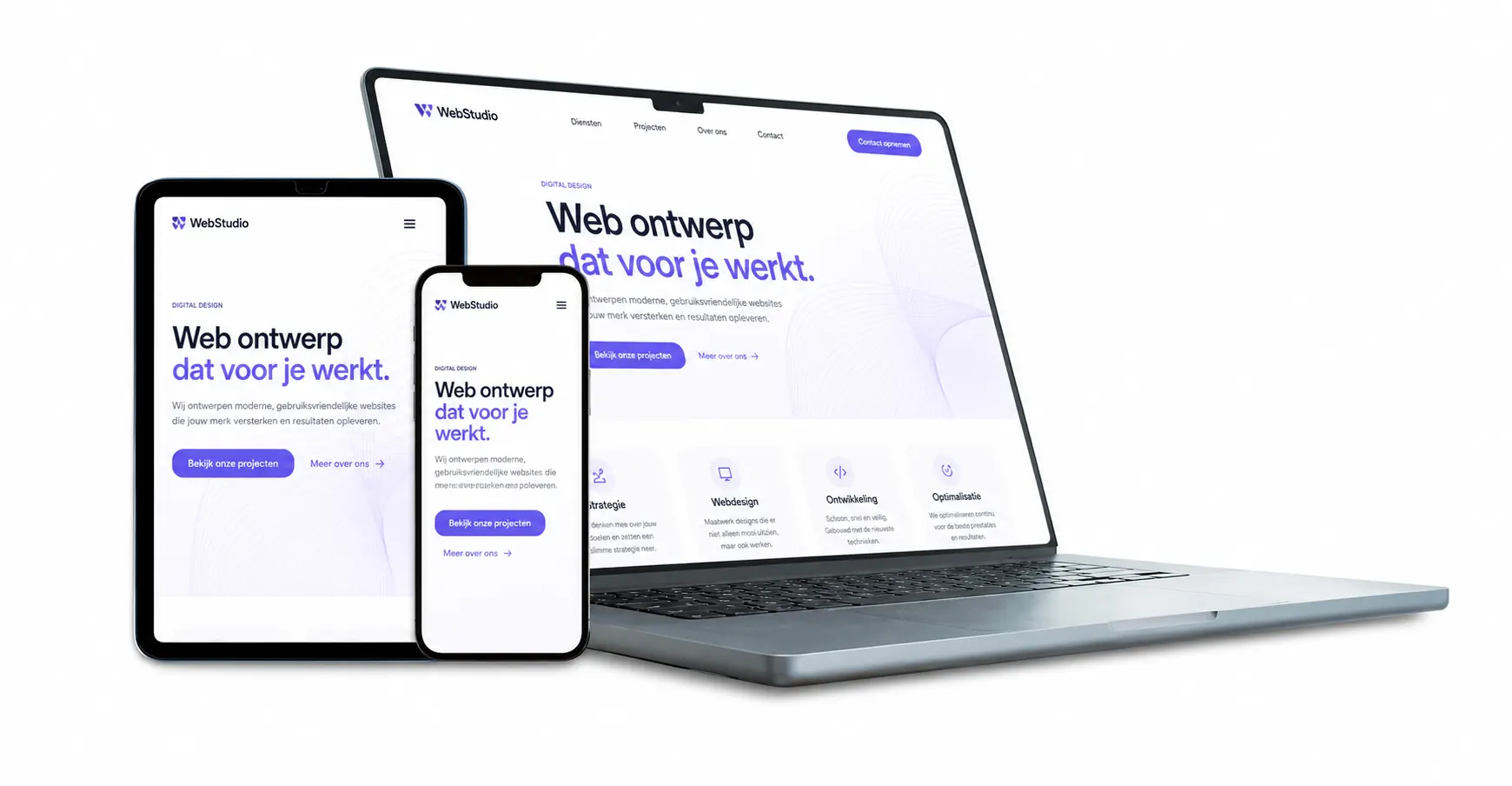 Glomavis webdesign weergegeven op laptop, tablet en telefoon